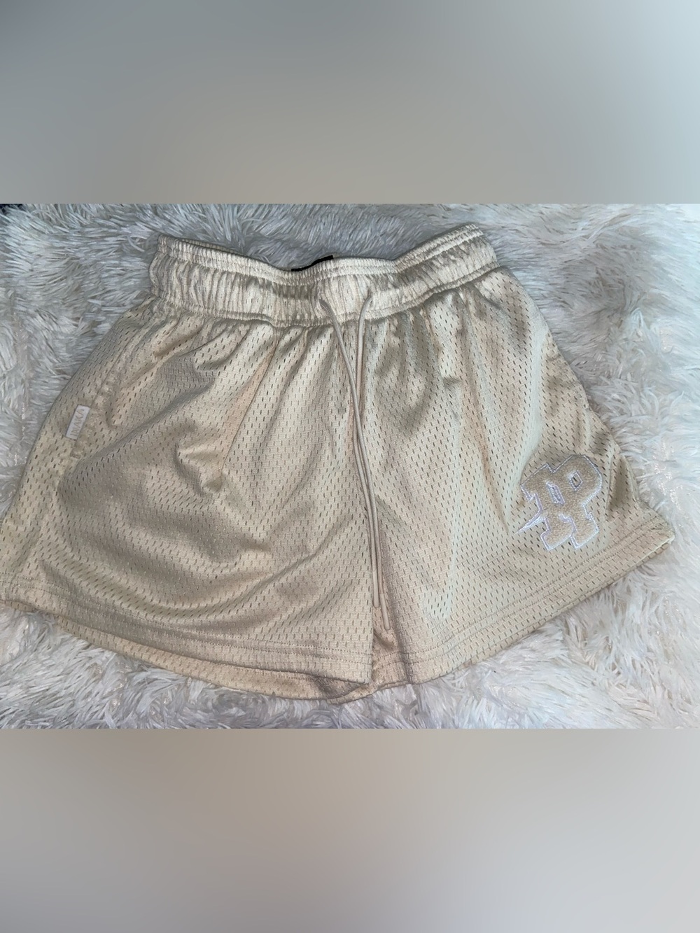 Women’s Cream Athletic Mesh Shorts with Drawstring Waist